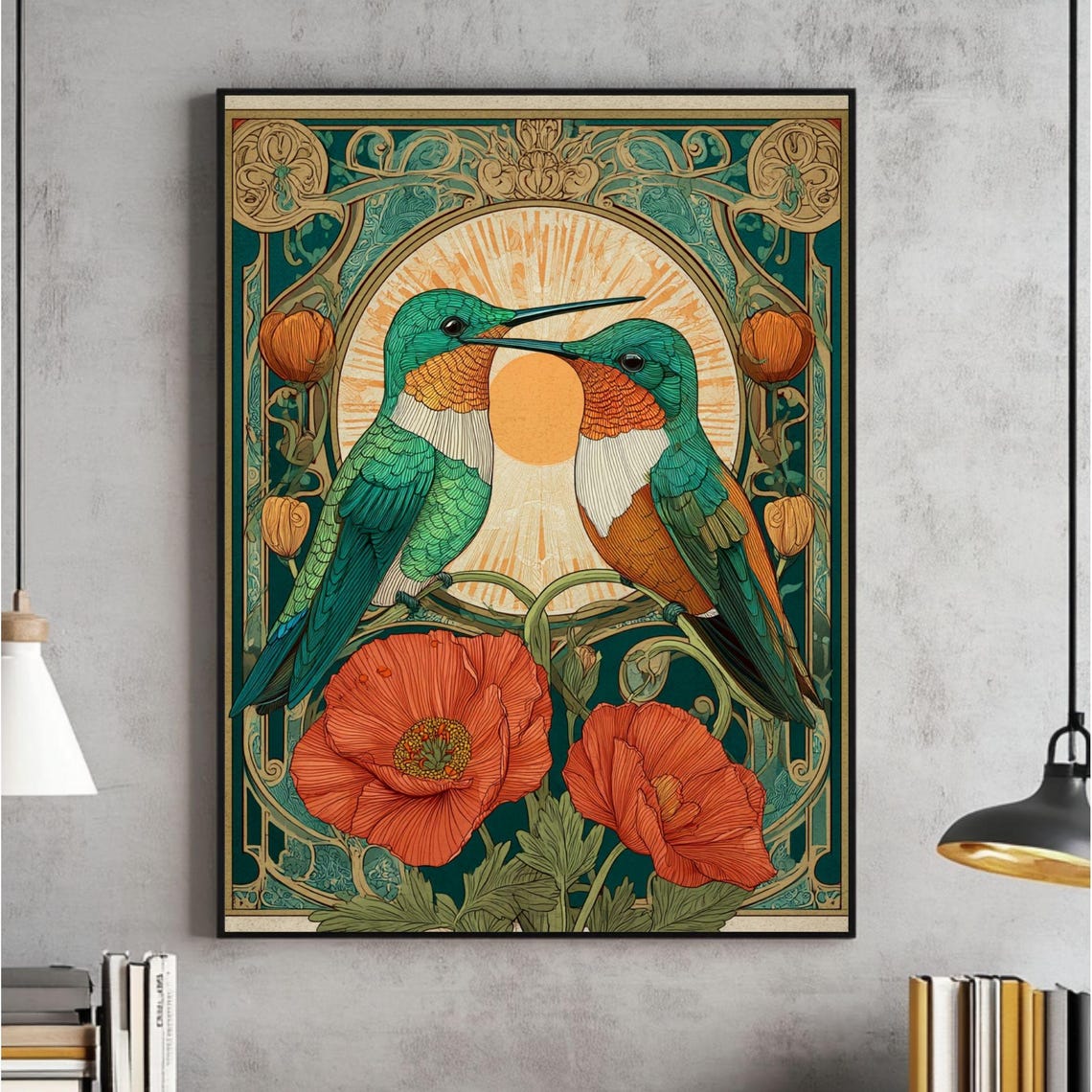 Art Nouveau Hummingbirds Pair Vintage Botanical Poppies Wall Art