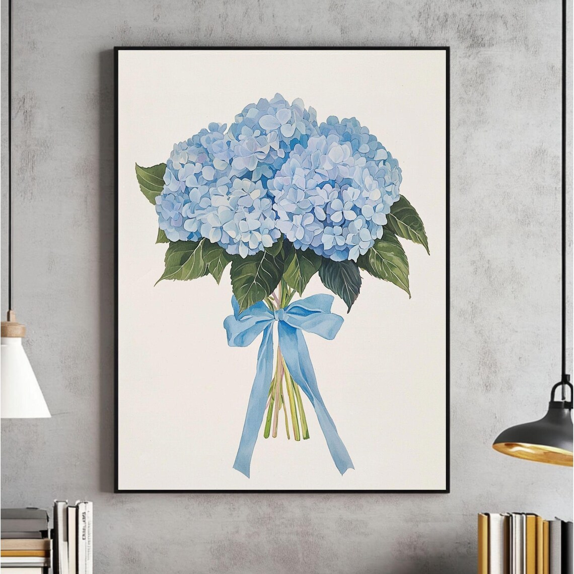 Blue Hydrangea Watercolor Art Print, Coastal Botanical