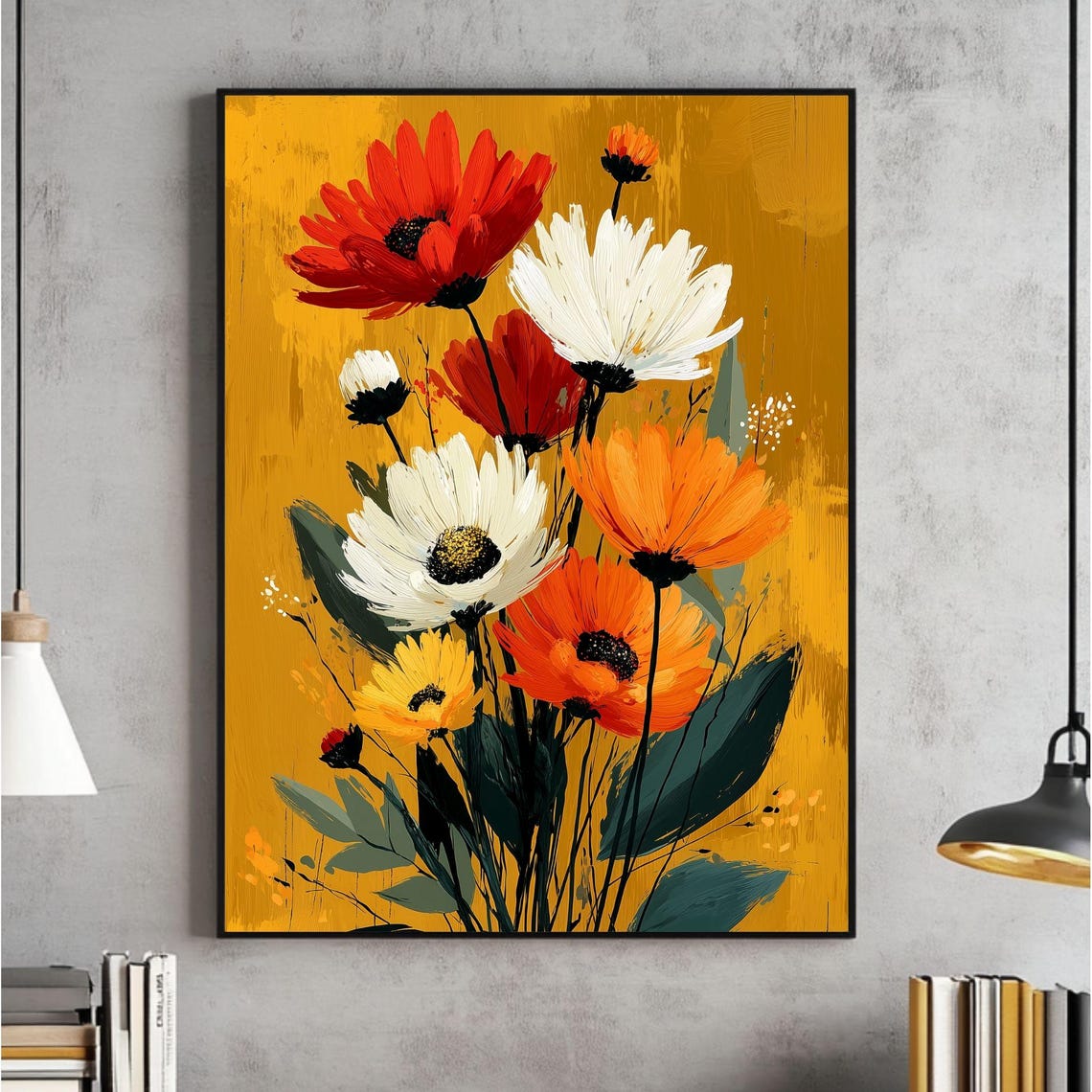 Bold Red White Daisies on Golden Maximalist Floral Art Poster