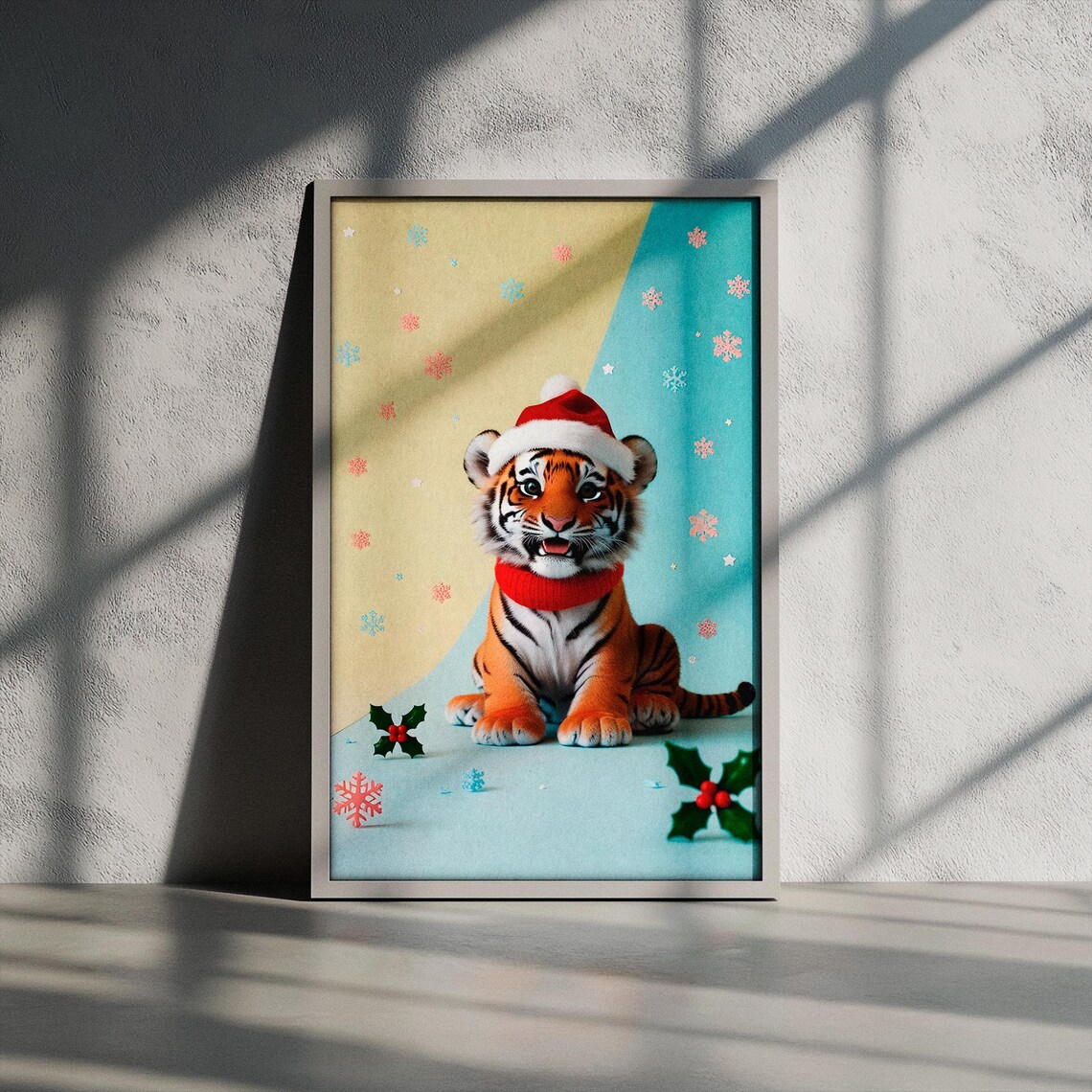 Baby Tiger Cub in Santa Hat Red Scarf Snowflake Christmas Poster