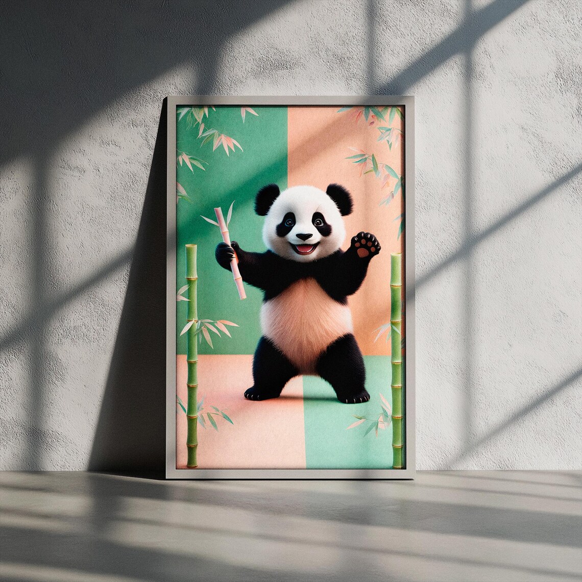 Joyful Baby Panda with Bamboo Pastel Nursery Cartoon Animal Poster