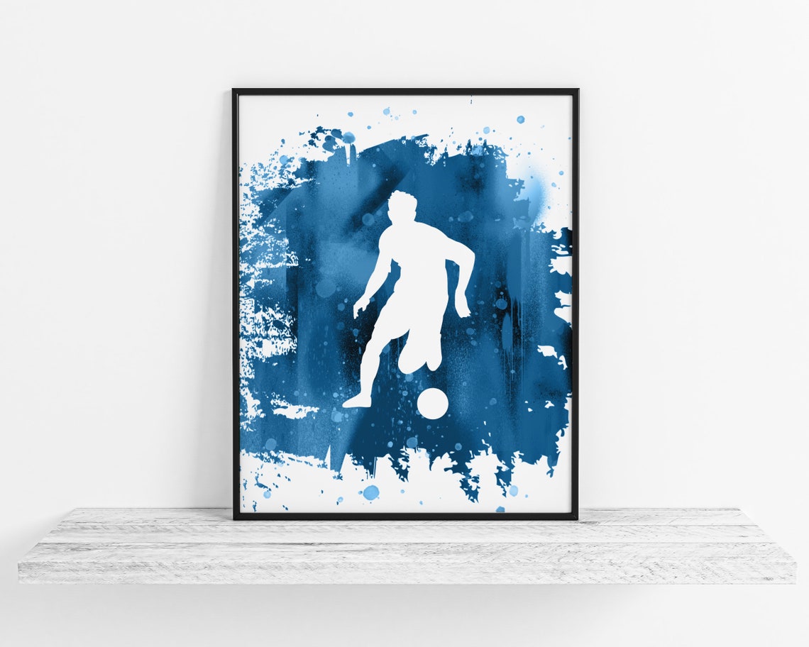 Soccer Player Kicking Ball Silhouette Blue Splash Sports Poster