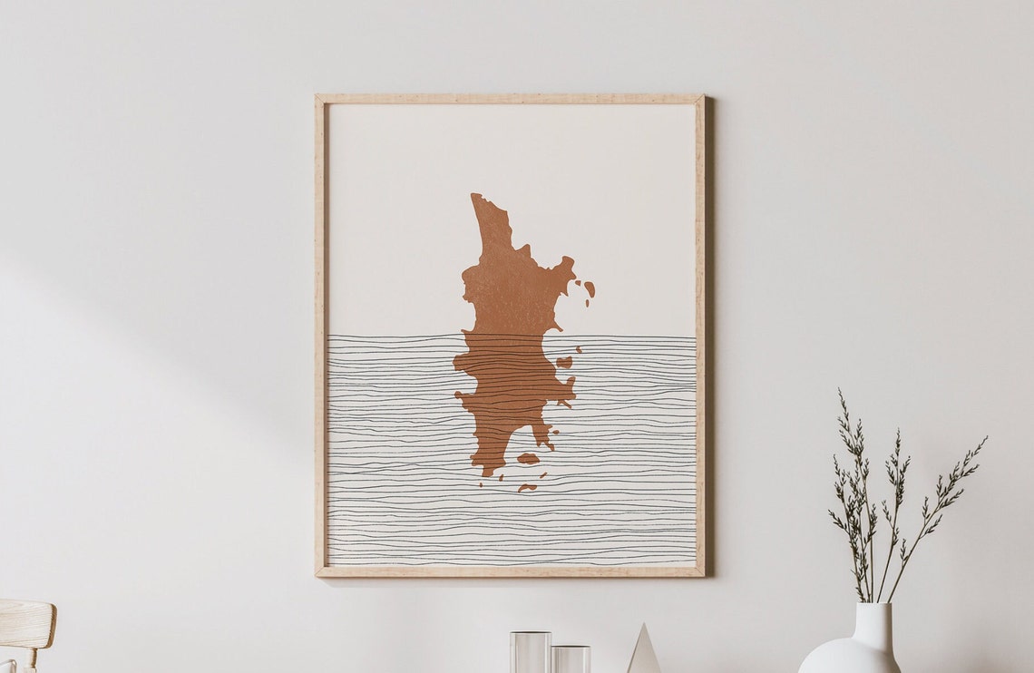 Terracotta Island Silhouette Over Sea Lines Modern Art Poster