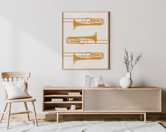 Three Golden Trombones Stacked Minimalist Brass Section Poster