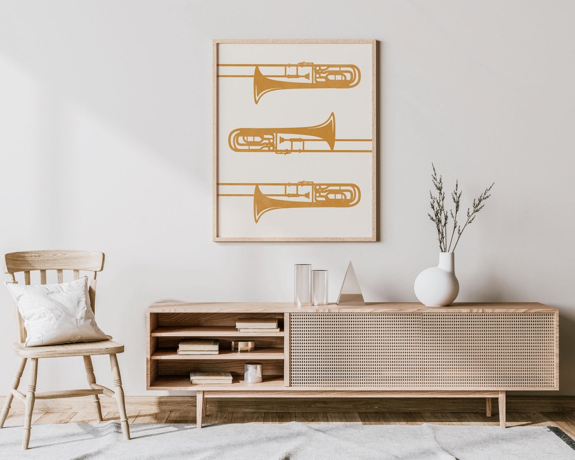 Three Golden Trombones Stacked Minimalist Brass Section Poster