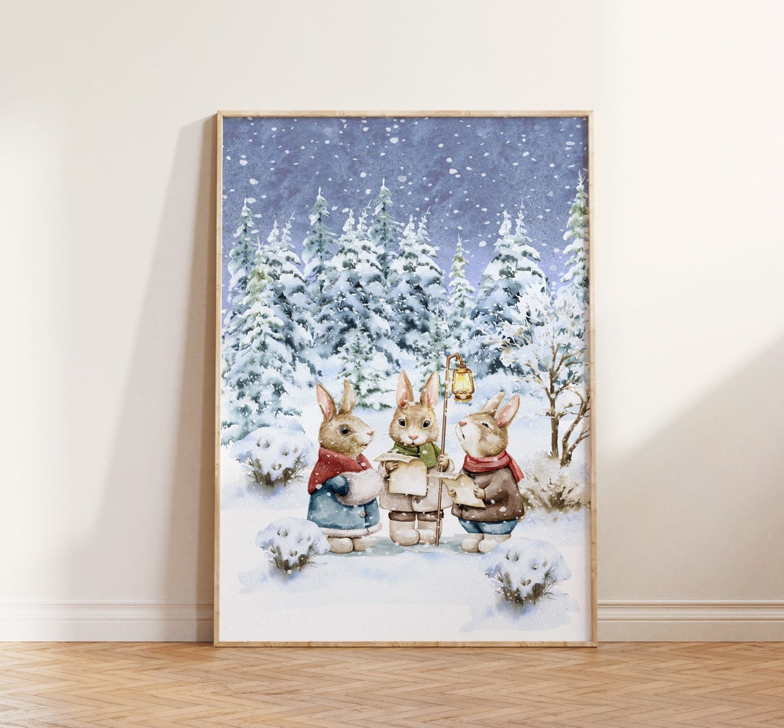 Three Bunny Carolers Singing In A Snowy Winter Forest Wall Art