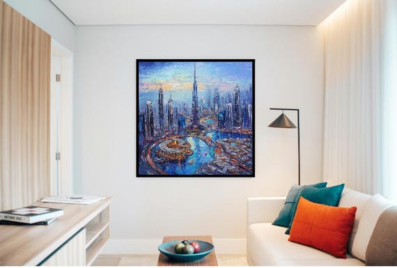 Downtown Dubai And Burj Khalifa Aerial View Oil Painting Wall Art