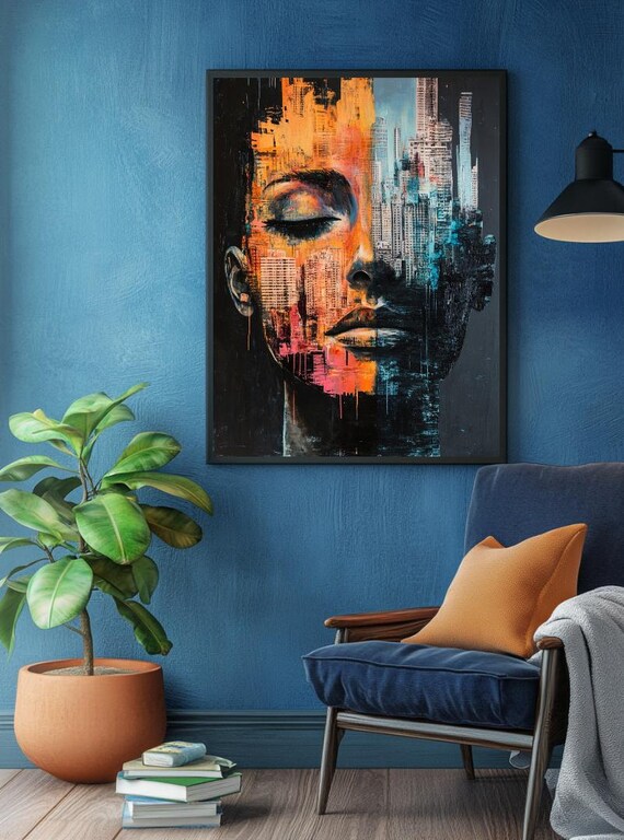 Abstract Woman Face Merging City Skyline Orange Teal Modern Art Poster