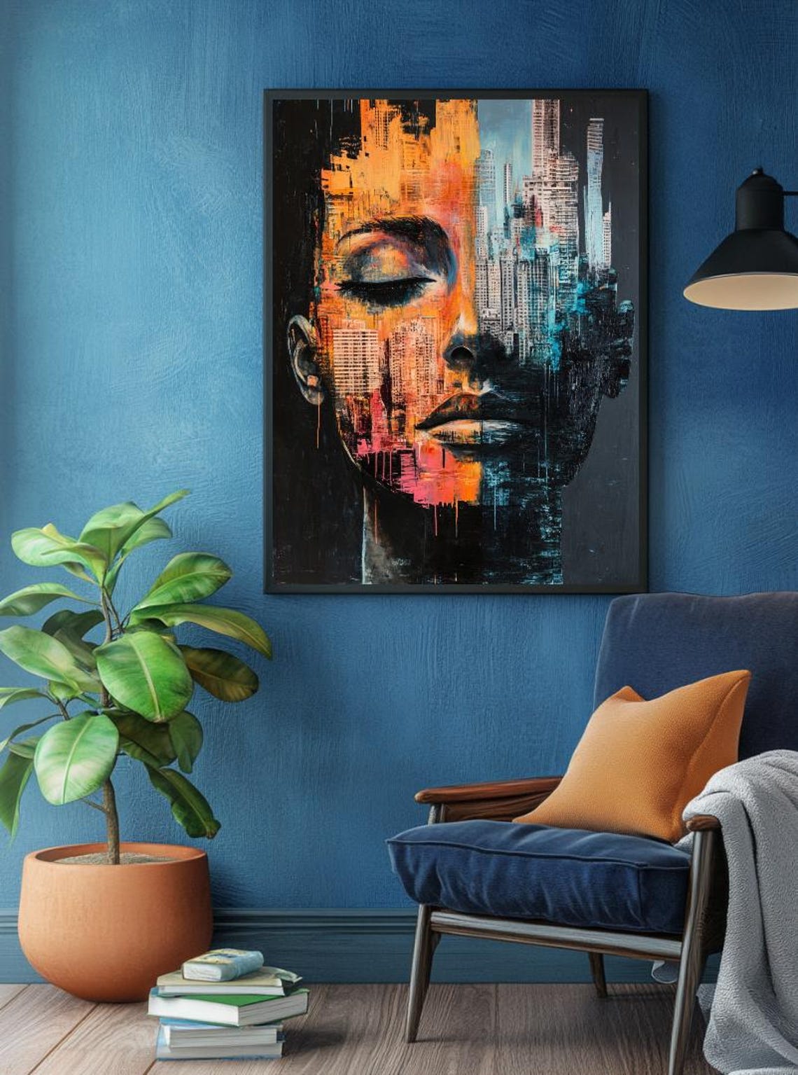Abstract Woman Face Merging City Skyline Orange Teal Modern Art Poster