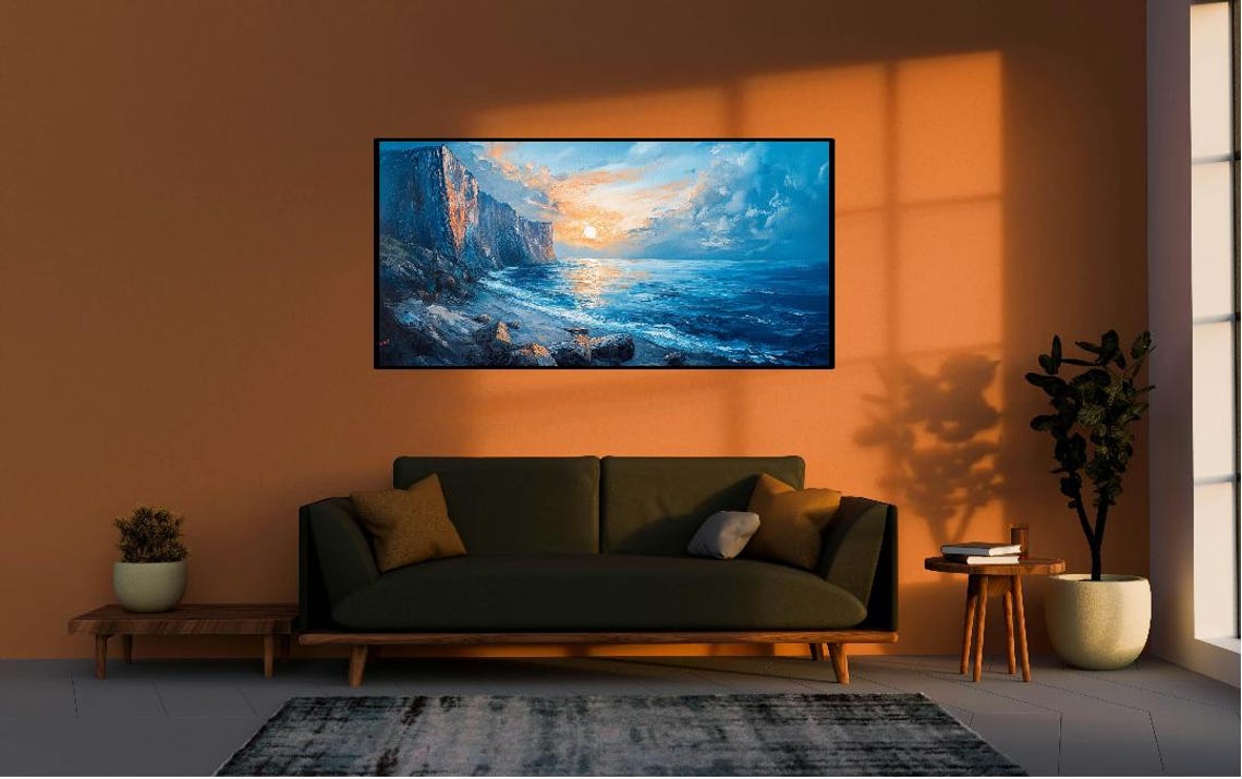 Ocean Cliff at Sunset Dramatic Coastal Seascape Oil Painting Poster