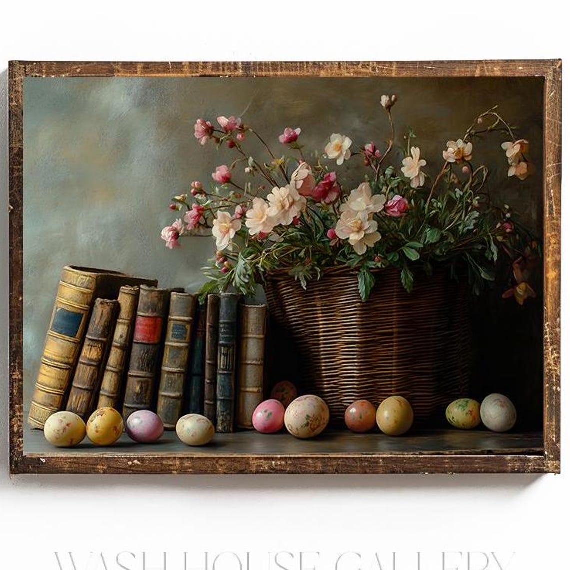 Painted Easter Eggs with Vintage Books and Spring Flower Basket Poster