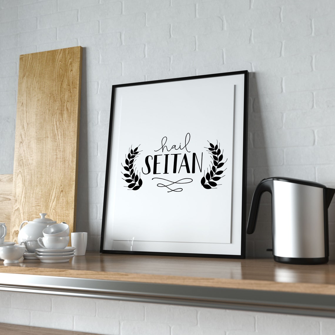 Hail Seitan Funny Vegan Kitchen Poster Botanical Laurel Wreath Decor - Image 2
