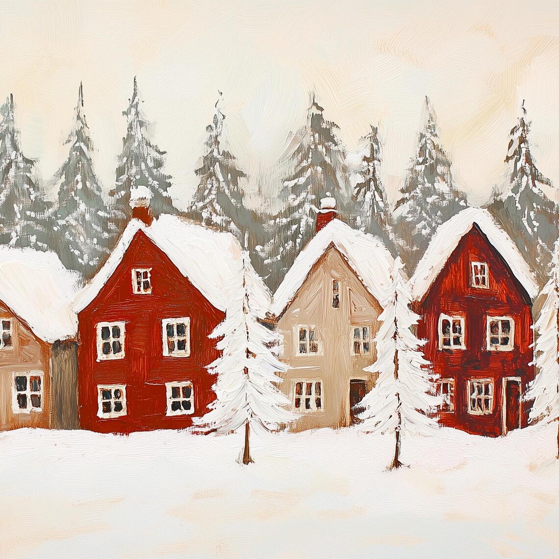 Rustic Red Christmas Houses Snowy Village Winter Landscape Poster - Image 3