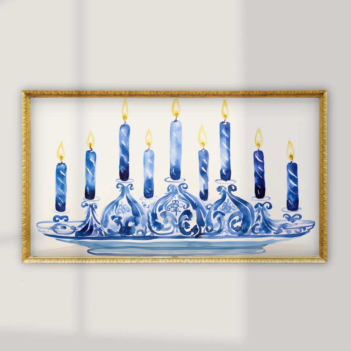 Hanukkah Blue Menorah Watercolor Art Print - Image 2