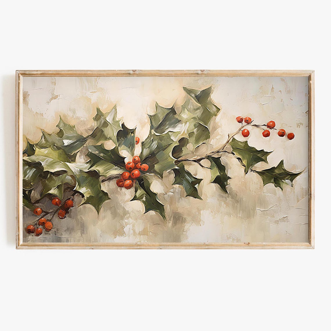 Vintage Holly Branch Red Berries Botanical Christmas Painting Poster