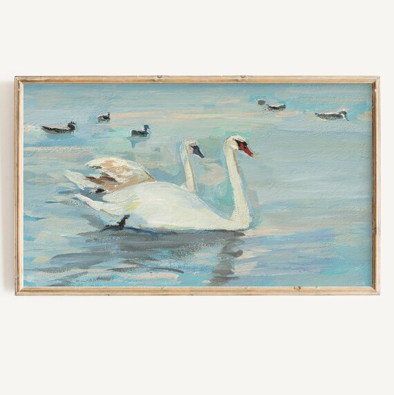 Two White Swans On Blue Water Ducks Serene Lake Painting Poster