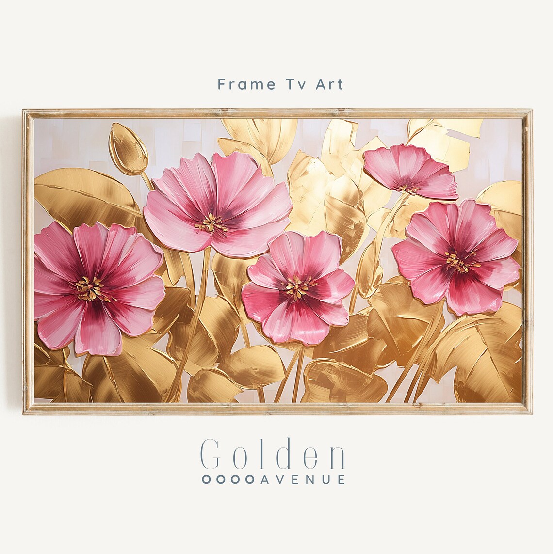 Pink Cosmos Flowers Gold Leaves Metallic Floral Painting Poster
