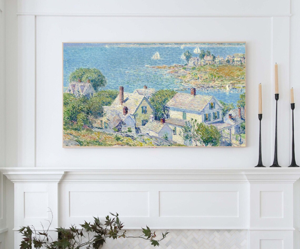 Impressionist Coastal Cottage Town With Sailboats Sunny Harbor Poster - Image 4