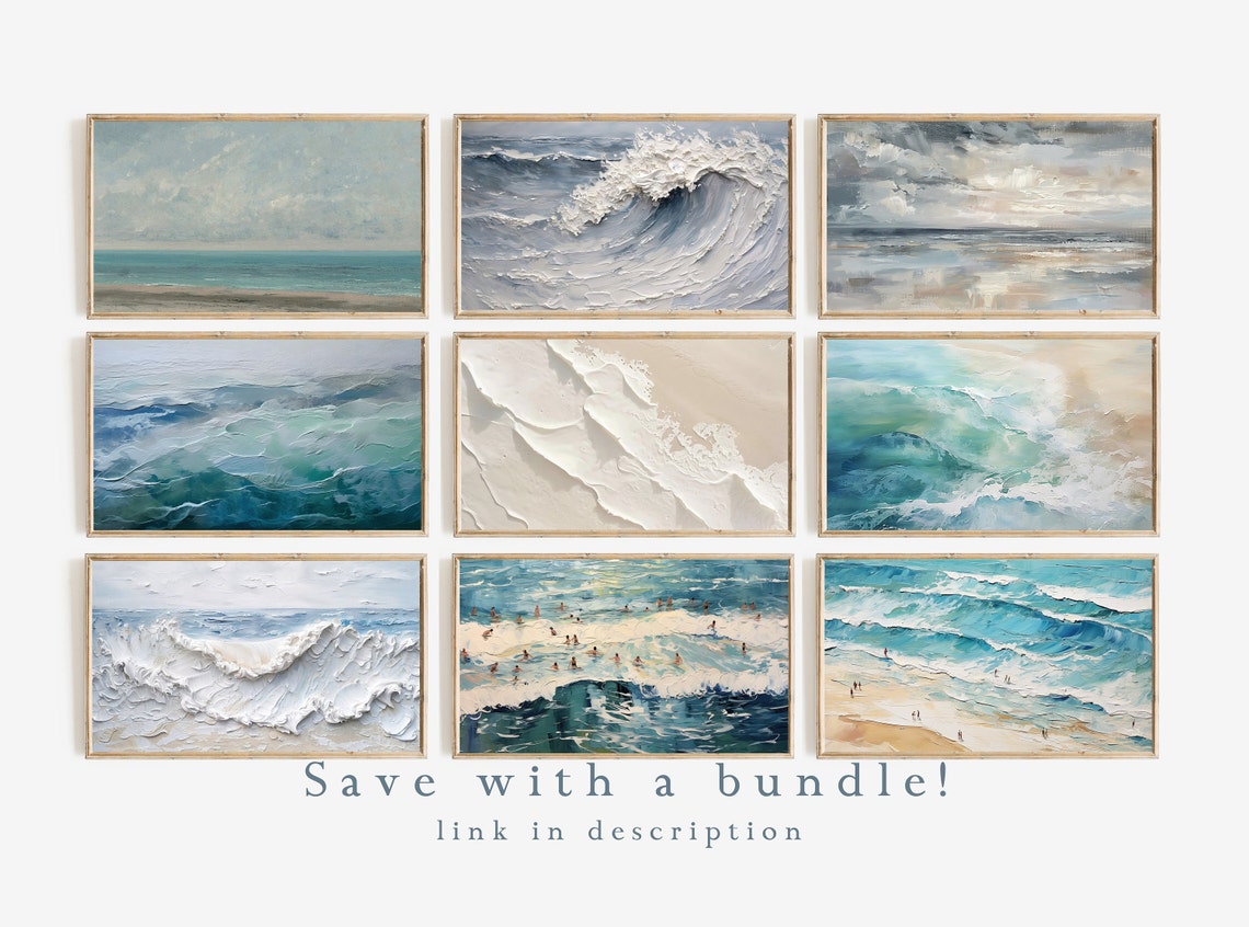 Abstract Textured Turquoise Waves Sandy Shore Beach Figures Wall Art - Image 2