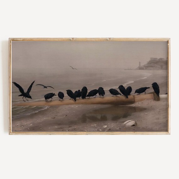 Crows Perched Log Misty Beach Vintage Neutral Fall Painting Poster