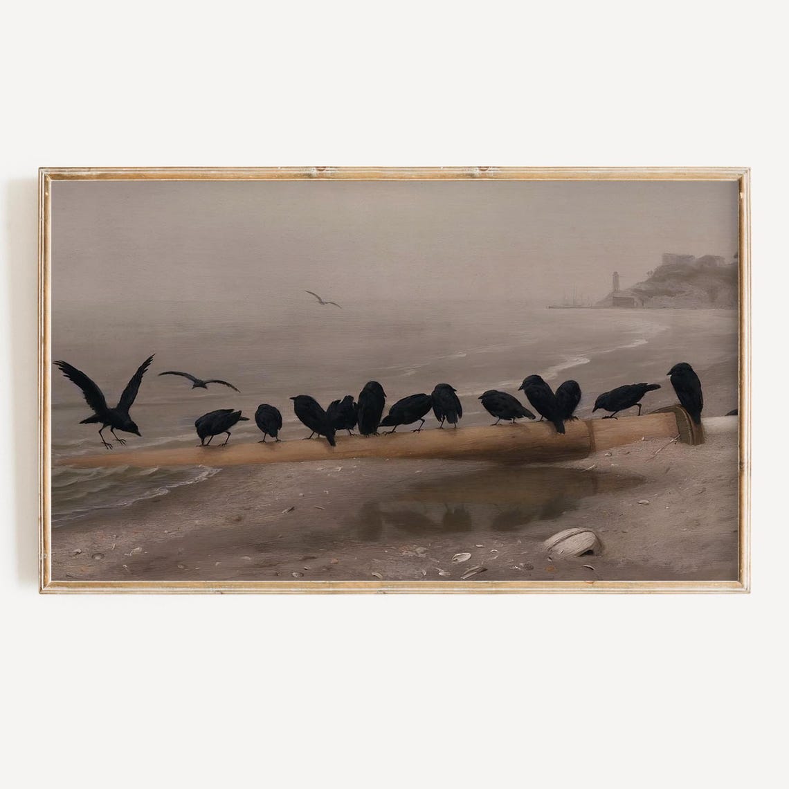 Crows Perched Log Misty Beach Vintage Neutral Fall Painting Poster