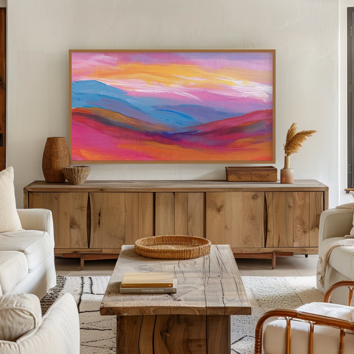Vibrant Abstract Sunset Landscape Pink Orange Blue Brushstroke Wall Art - Image 3