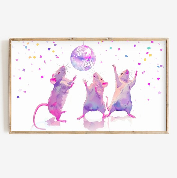 Three Dancing Rats Under Disco Ball Confetti Party Animal Wall Art
