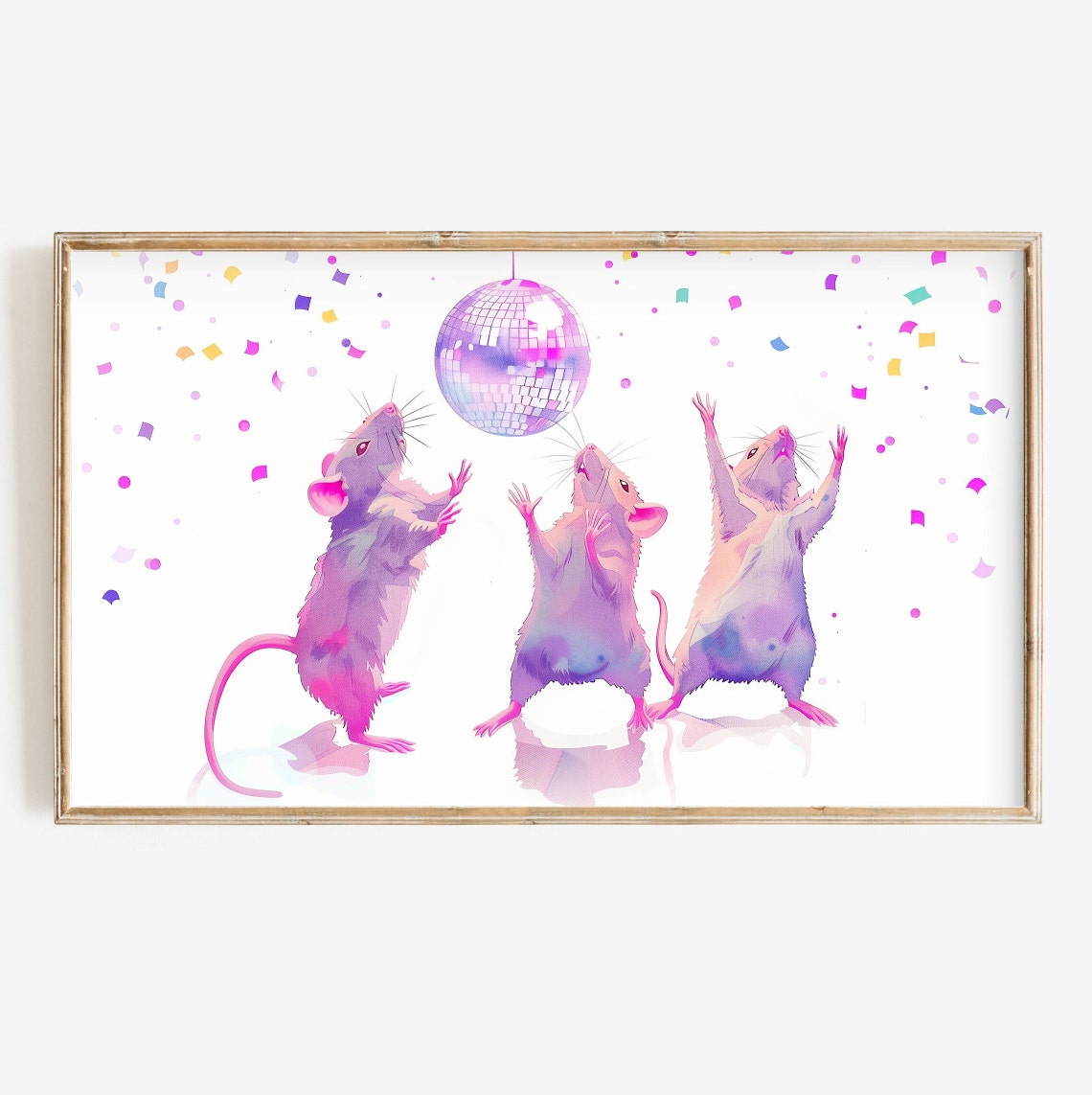 Three Dancing Rats Under Disco Ball Confetti Party Animal Wall Art