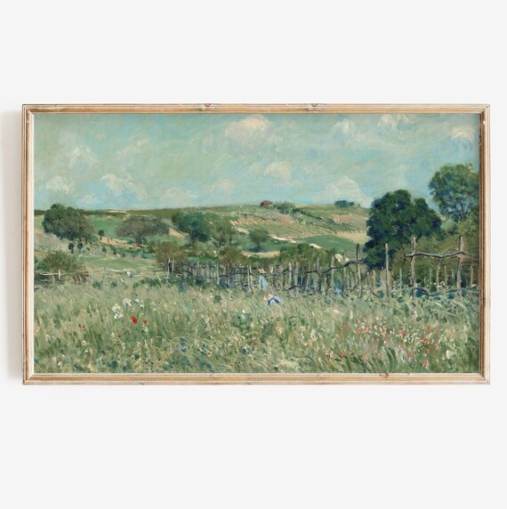 Vintage Impressionist Countryside Meadow Fence Cottagecore Poster