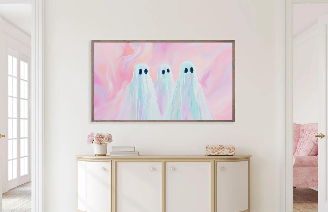 Pink Halloween Cute Ghost Art Print, Pastel Groovy Decor - Image 2