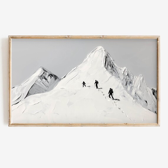 Minimalist Snowy Mountain Climbers Neutral Gray Tones Art Poster