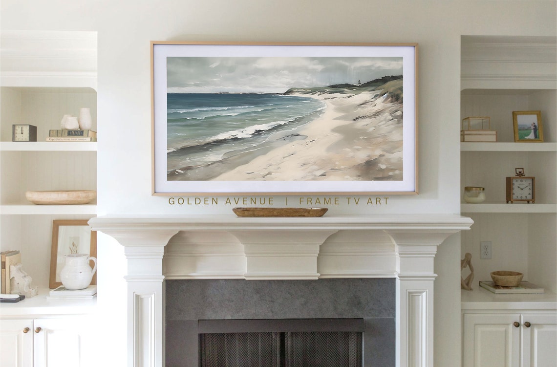 Foggy Beach With Dunes And Lighthouse Muted Blue Gray Coastal Poster - Image 3