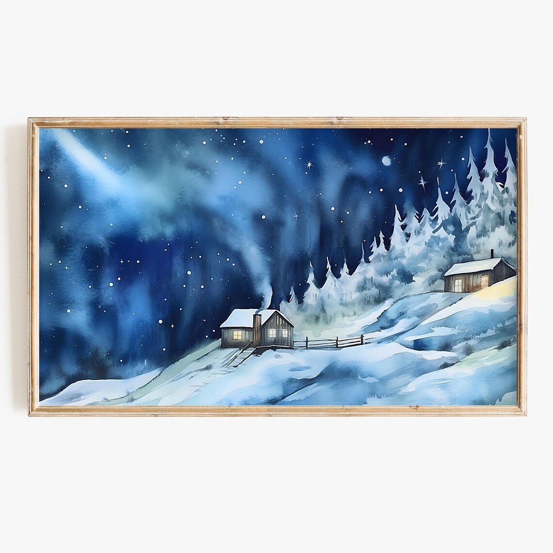 Snowy Cabin Night Sky Aurora Watercolor Art Print