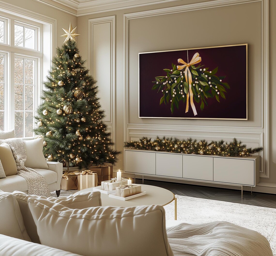 Moody Dark Botanical Mistletoe Christmas Art Print - Image 3