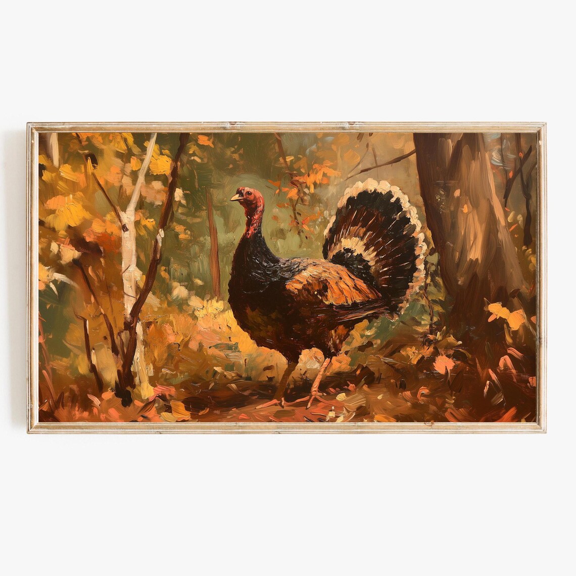 Turkey Fanned Tail Autumn Forest Textured Oil Painting Fall Poster