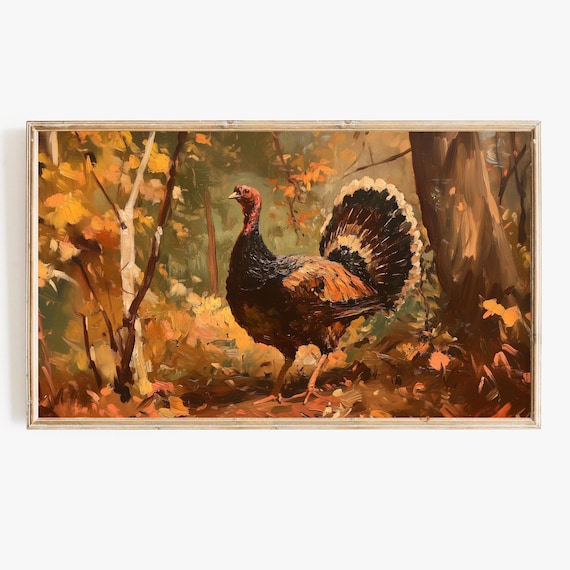 Turkey Fanned Tail Autumn Forest Textured Oil Painting Fall Poster