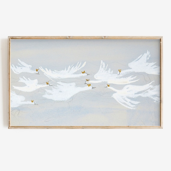 Abstract White Swans In Flight Minimalist Gray Bird Flock Wall Art