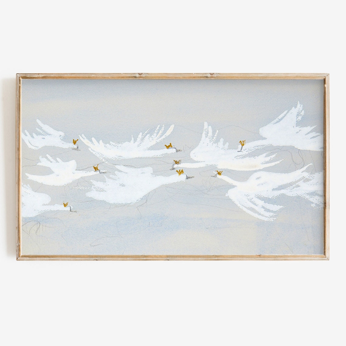 Abstract White Swans In Flight Minimalist Gray Bird Flock Wall Art