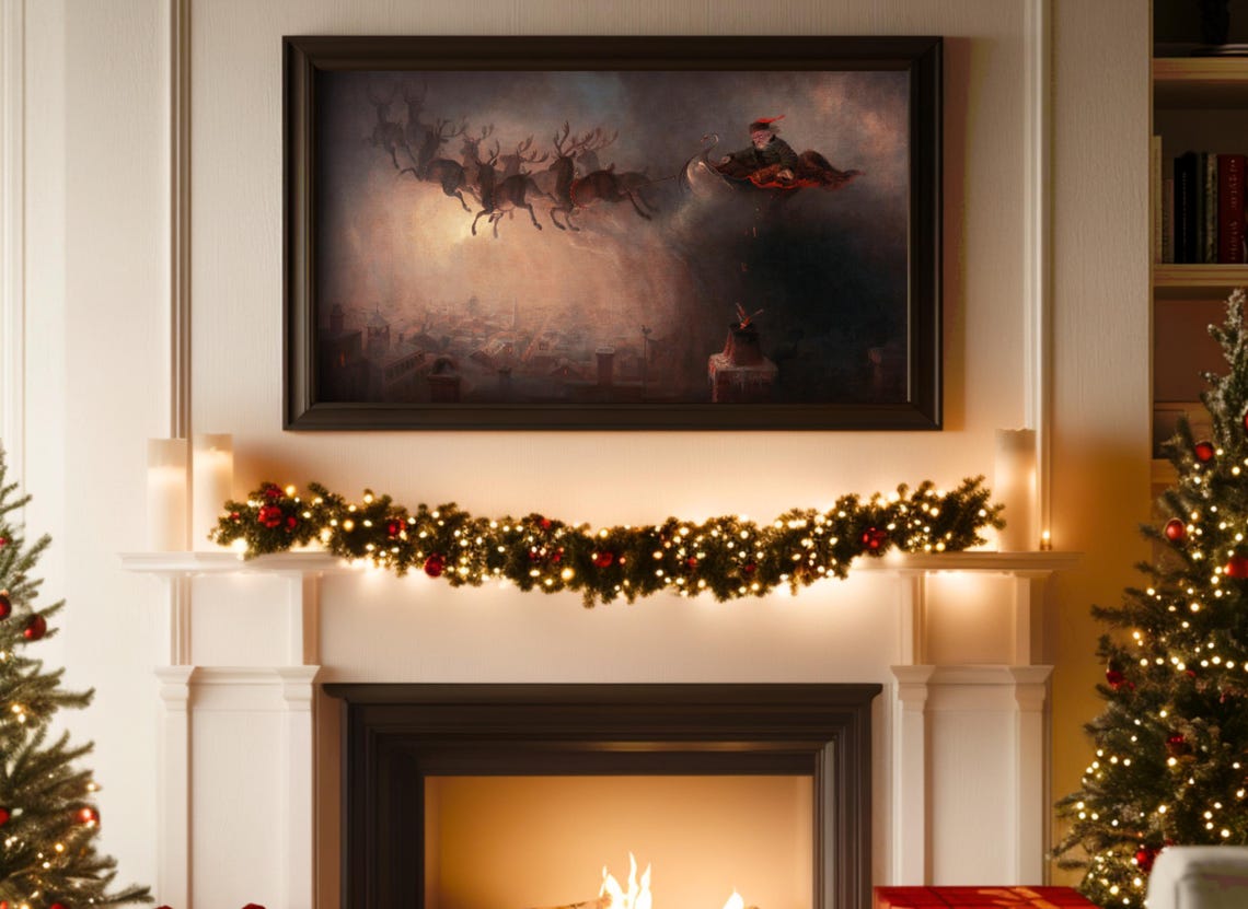 Santa's Sleigh Reindeer Flying Over Snowy Rooftops Night Poster - Image 3