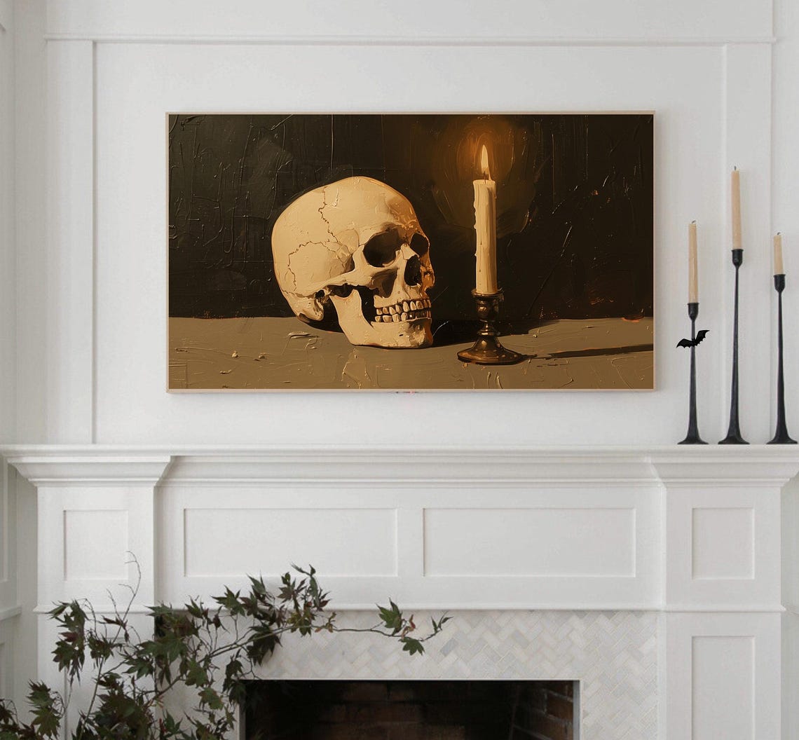 Vintage Skull With Candle Still Life Dark Academia Moody Wall Art - Image 2