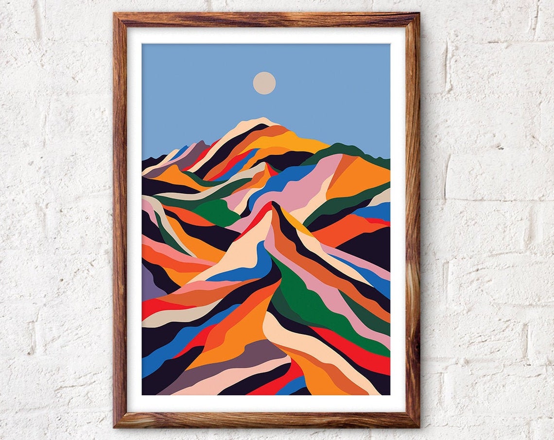 Colorful Ribbon Striped Mountain Peak Blue Sky Moon Decor Poster