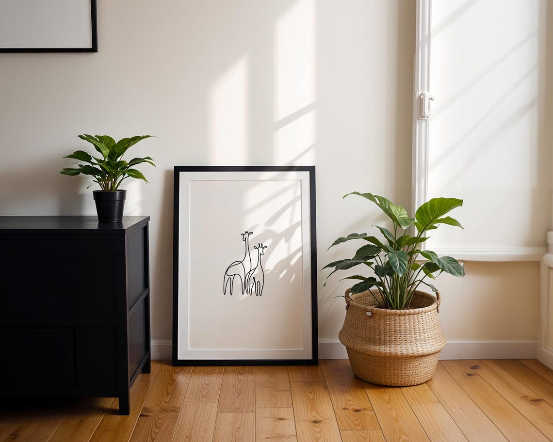 Minimalist Line Art Two Giraffes Modern Nursery Decor Poster