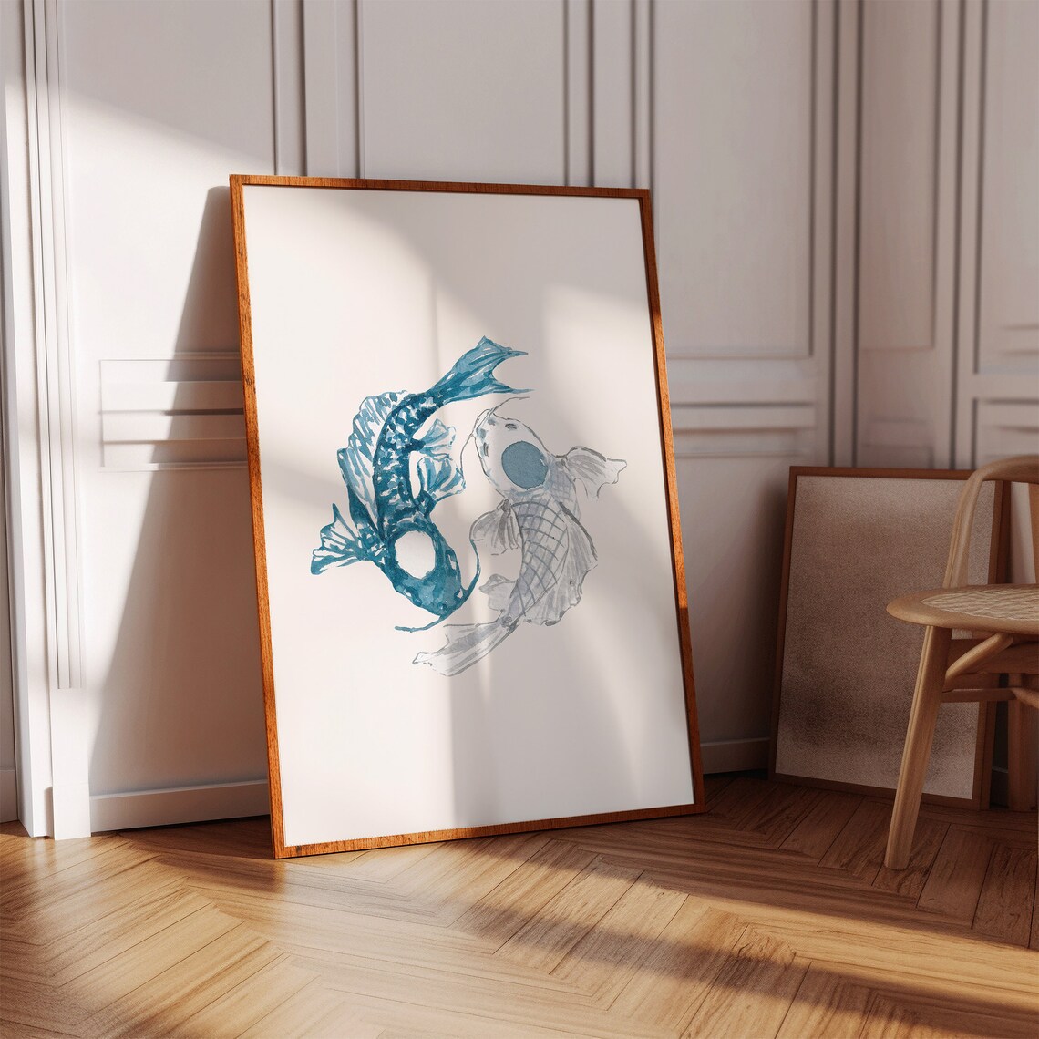 Watercolor Koi Fish Circle Blue Ink Wash Meditative Art Poster