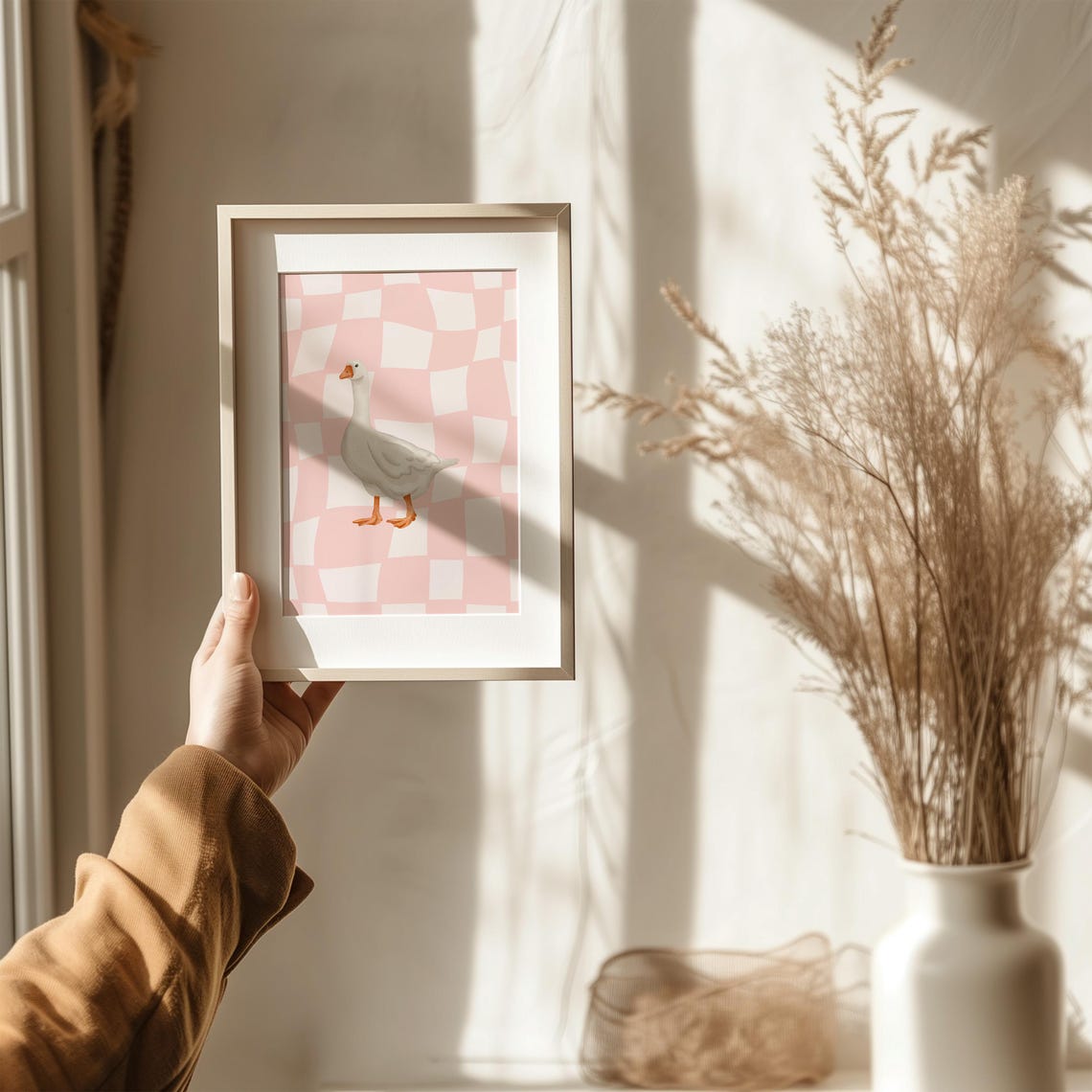 White Goose on Pink Wavy Checkered Trendy Preppy Animal Poster - Image 2