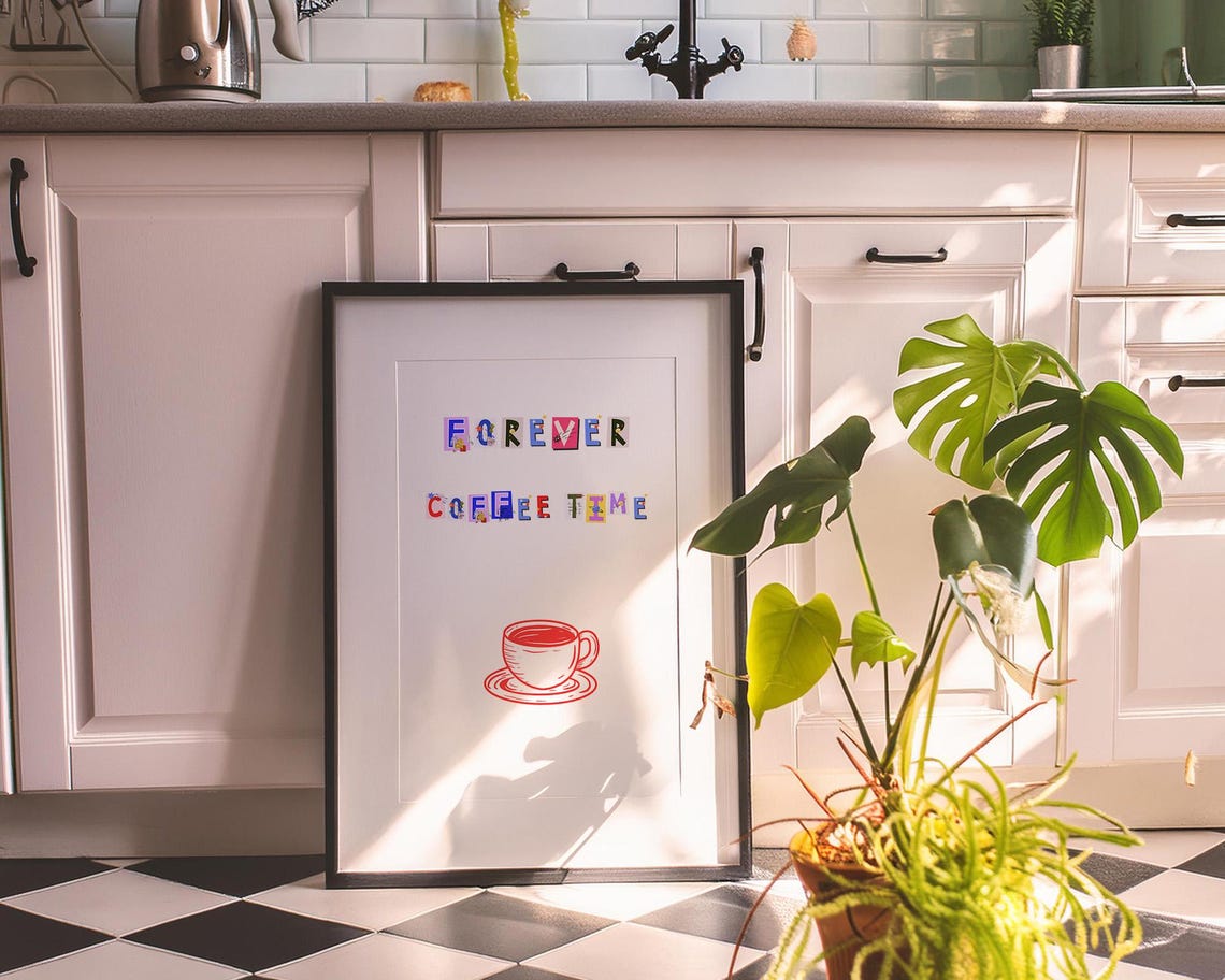 Forever Coffee Time Colorful Collage Letters and Red Cup Poster - Image 3