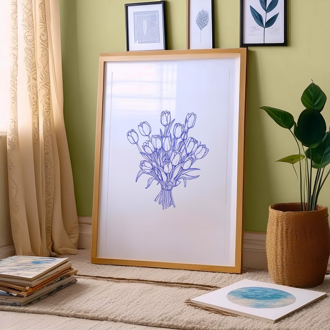 Blue Line Art Tulip Bouquet Minimalist Floral Botanical Poster - Image 4
