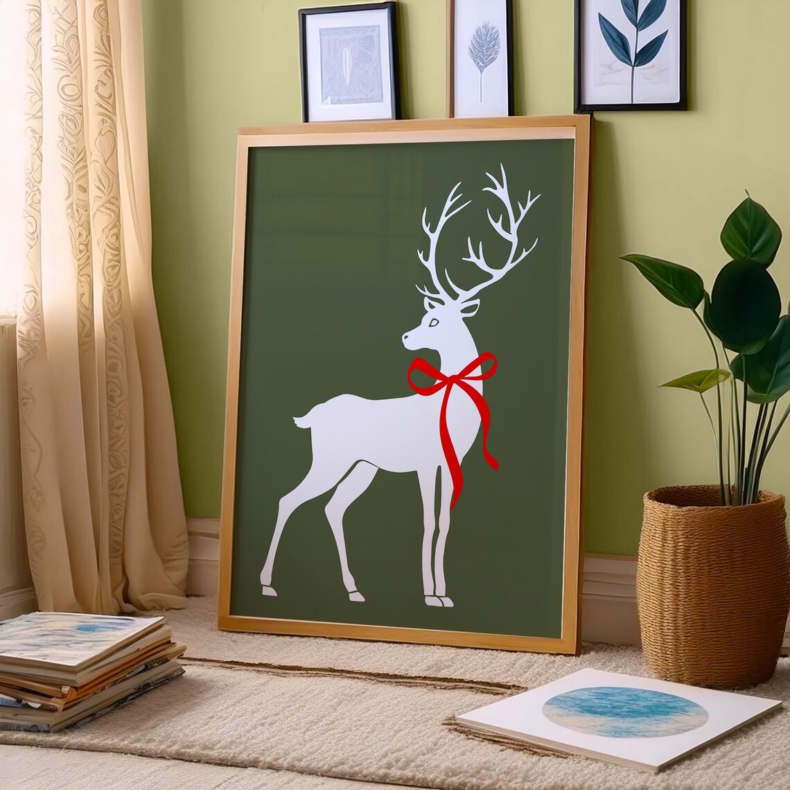 Elegant White Reindeer with Red Bow on Dark Olive Green Poster - Image 2