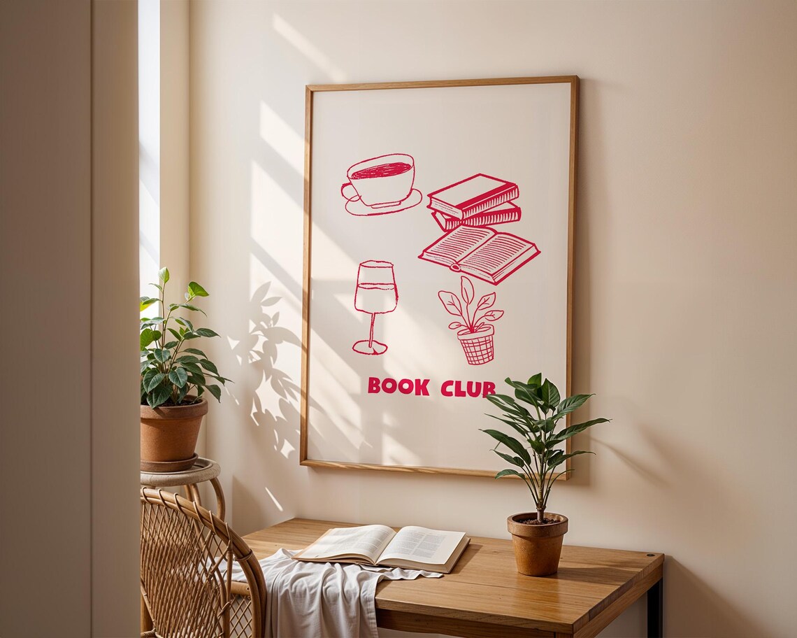 Book Club Red Line Art Coffee Books Wine and Potted Plant Poster - Image 2