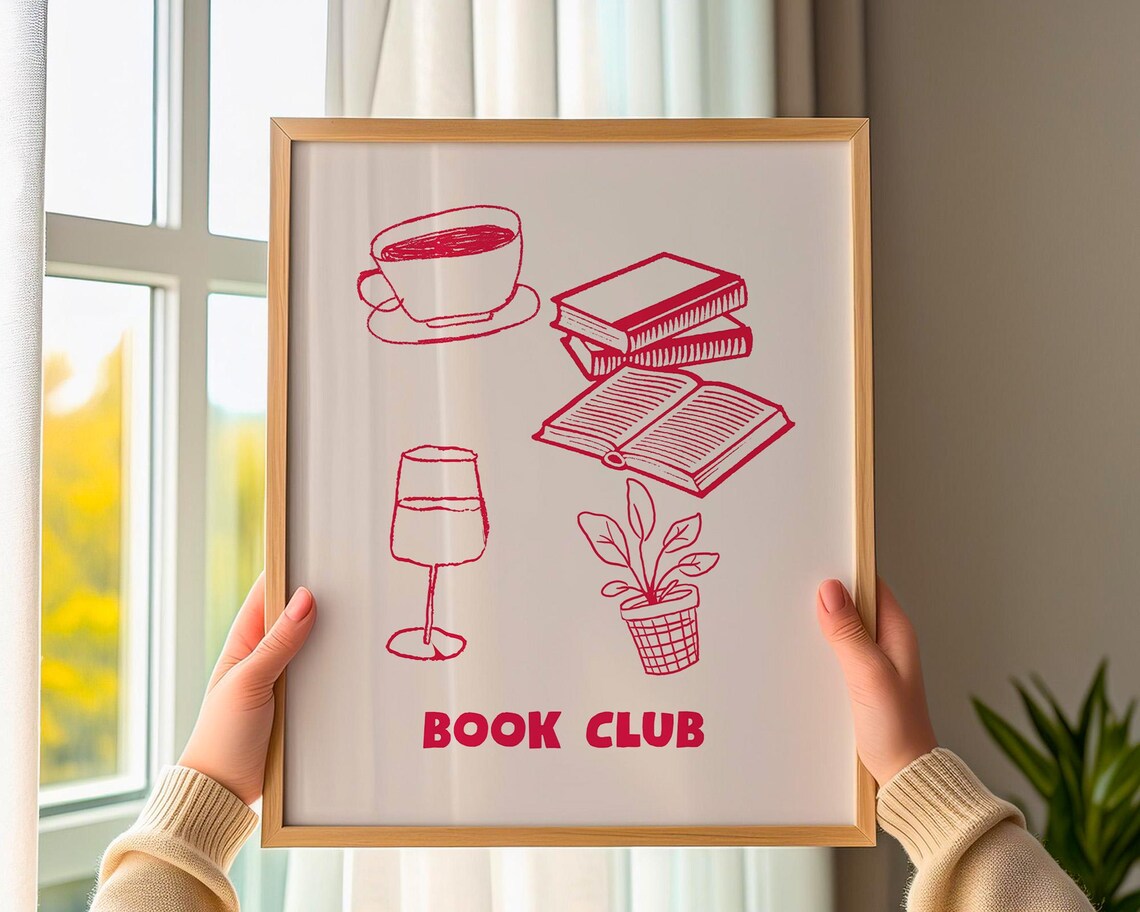 Book Club Red Line Art Coffee Books Wine and Potted Plant Poster - Image 3