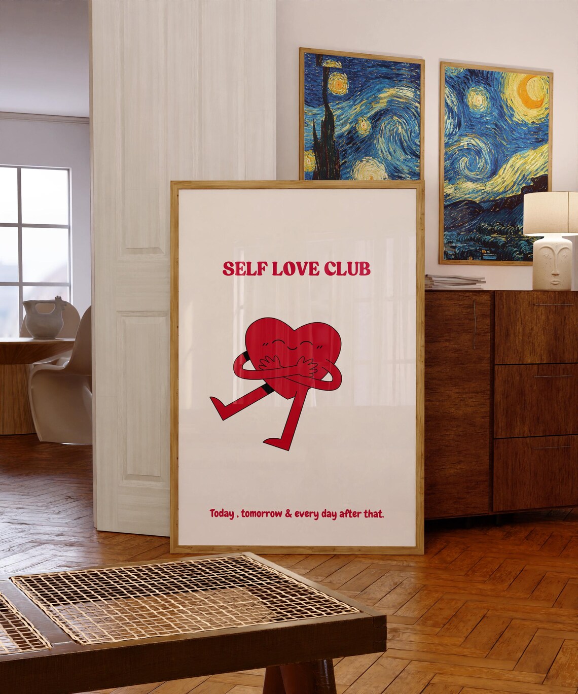 Self Love Club Hugging Heart Retro Cartoon Self Care Quote Poster